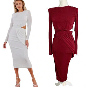 Misha Vina Drape Knit Long Sleeve Cut Out Midi Dress Wine Size 2 NWT